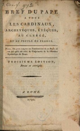 Bref Du Pape A Tous Les Cardinaux, Archevêques, Évêques, Au Clergé, Et Au Peuple De France