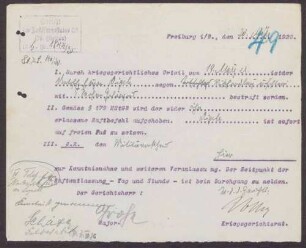 Aktenvermerk über die Aufhebung des Haftbefehls und die sofortige Entlassung des Angeklagten aus der Haft
