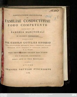 Dissertationem Inavgvralem De Familiae Condvctitiae Foro Competente Inprimis In Saxonia Electorali