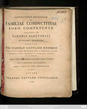 Dissertationem Inavgvralem De Familiae Condvctitiae Foro Competente Inprimis In Saxonia Electorali