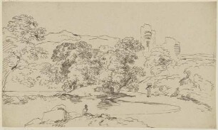 Gebirgslandschaft mit antiken Ruinen und Staffagefiguren