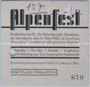 Eintrittskarte für ein Kostümfest des Touristenvereins "Die Naturfreunde"