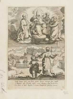 Heiliger Katharina von Siena erscheint in einer Vision Christus im Ornat des Papstes, umgeben von Petrus, Paulus und Johannes, Blatt 3 der Folge "Leben und Wunder der heiligen Katharina von Siena"