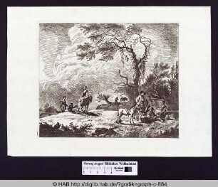Eine Gruppe von rastenden Frauen, Männern und Kindern in bewaldeter Landschaft