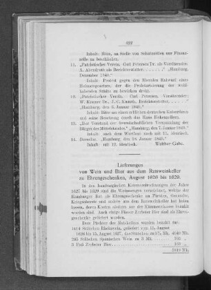 Lieferungen von Wein und Bier aus dem Ratsweinkeller zu Ehrengeschenken, August 1626 bis 1629.