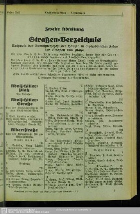 Zweite Abteilung. Häuserbuch : Zweite Abteilung. Straßen-Verzeichnis