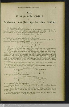 XIII. Gebühren-Verzeichniß für die Dienstmänner und Packträger der Stadt Zwickau
