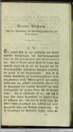Vierter Abschnitt. Von der Anwendung des Additionsgegensatzes in der Trigonometrie