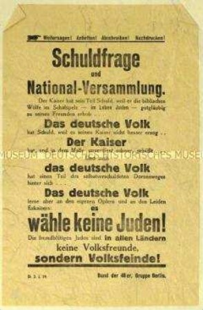 Antisemitisches Flugblatt zur Wahl der Nationalversammlung 1919