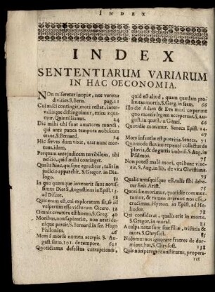Index Sententiarum Variarum In Hac Oeconomia.