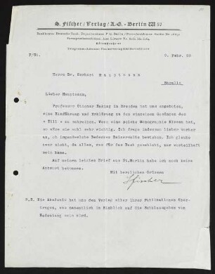 Brief von Samuel Fischer von S.-Fischer-Verlag  an Gerhart Hauptmann