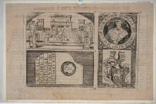 Sammelblatt mit vier nummerierten Darstellungen: 1. Salomons Urteil, 2. Herzog Georg v. Sachsen, 3. Grabstein W. von Salhausen und 4. Wappen von Thüringen, aus den Dresdner Merkwürdigkeiten von Ludwig Völkner (?)