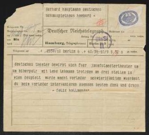 Brief von Felix Hollaender an Gerhart Hauptmann