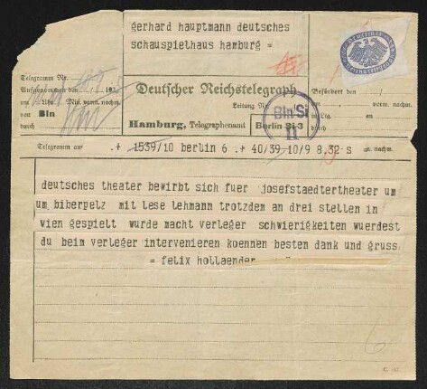 Brief von Felix Hollaender an Gerhart Hauptmann