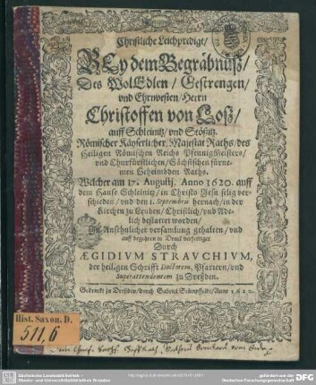 Christliche Leichpredigt, bey dem Begräbnüß, des...Christoffen von Loß gehalten