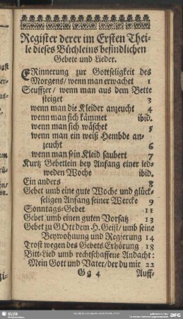 Register derer im Ersten Theile dieses Büchleins befindlichen Gebete und Lieder