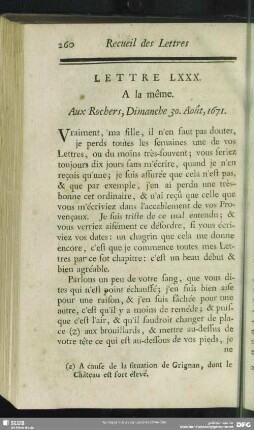 Lettre LXXX. A la même. Aux Rochers, Dimanche 30. Août, 1671