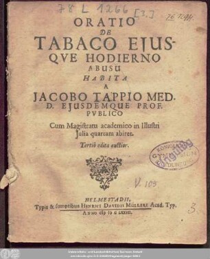 Oratio De Tabaco Eiusque Hodierno Abusu