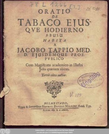Oratio De Tabaco Eiusque Hodierno Abusu