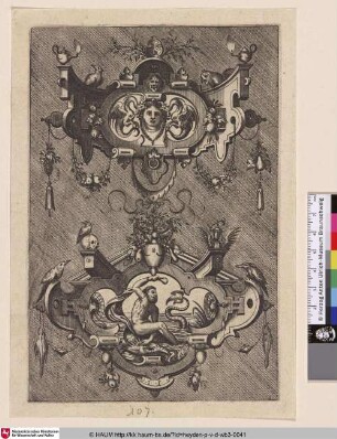 [Zwei Kartuschen mit weiblichem Maskaron und Meeresgott]