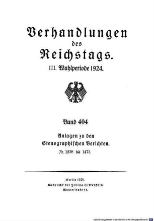 Verhandlungen des Reichstages. Stenographische Berichte. 404. 1924