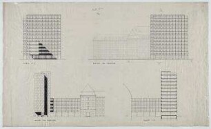 Wettbewerb Rathaus Neukölln (nicht realisiert), 2. Preis – Schnitte, Nordostansicht, Südostansicht. Berlin-Neukölln, Karl-Marx-Straße 83