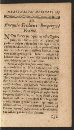 XII. Exequiae Friderici Boxpergeri Franci.