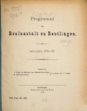 Programm der K. Realanstalt zu Reutlingen : Schuljahr ..., 1878/79