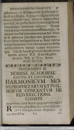 Programma III. Nomine Academiae Editum, Et Continens Harmonicum Mosis, Prophetarum Et Psalmorum Concentum De Resurrectione Christi