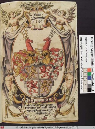 Wappenschild mit Kartuschen und Engeln, die einen Vorhang halten.