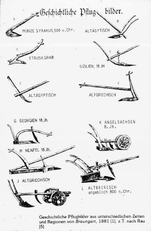 Geschichtliche Pflugbilder aus unterschiedlichen Zeiten und Regionen von Braungart, 1881 (z.T. nach Rau)