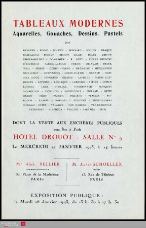 Tableaux modernes : aquarelles, gouaches, dessins, pastels : par: Besnard, Boggs, Boldini, Bonnard, Boudin, Bracque [und weitere] : dont la vente aux enchères publiques aura lieu à Paris, Hôtel Drouot, Salle No 9, le mercredi 27 janvier 1943