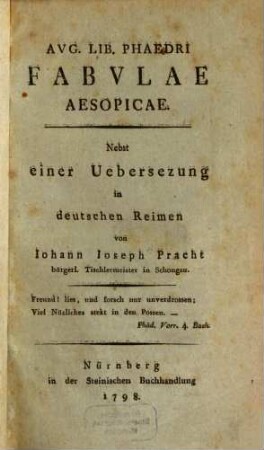 Avg. Lib. Phaedri Fabvlae Aesopicae : Nebst einer Uebersetzung in deutschen Reimen