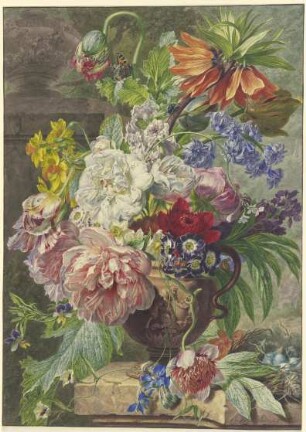 Stillleben mit Blumenstrauß und Vogelnest