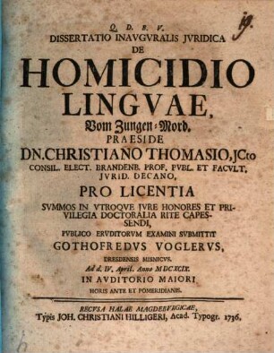 Dissertatio Inavgvralis Jvridica De Homicidio Lingvae : = Vom Zungen-Mord