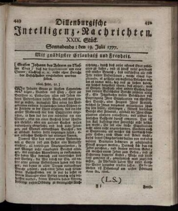 XXIX. Stück. Sonnabends: den 19. Julii 1777.