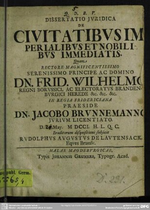 Dissertatio Iuridica De Civitatibus Imperialibus Et Nobilibus Immediatis
