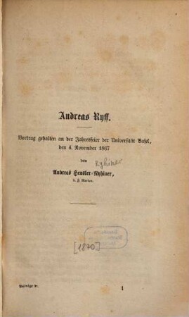 Andreas Ryff : Vortrag gehalten an der Jahresfeier der Universität Basel, den 4. November 1867