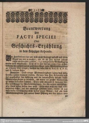 Beantwortung Der Facti Speciei Oder Geschichts-Erzählung in dem Leipziger Responso