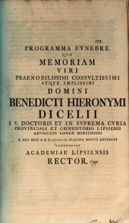 Programma funebre quo memoriam ... Benedicti Hieronymi Dicelii ... cohonestat ...