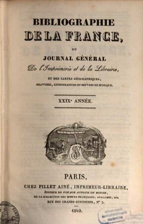 Bibliographie de la France. 1840 = A. 29