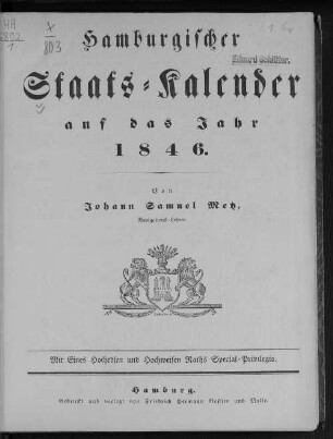 1846: Hamburgischer Staats-Kalender : auf das Jahr