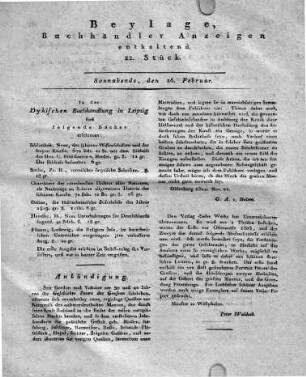 1803-02-27 : Beylage, Buchhändler Anzeigen enthaltend. 22. Stück.
