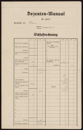 Dozenten-Manual für Herrn Professor Dr. Klein. Winter-Semester 1917.8. Schlußrechnung