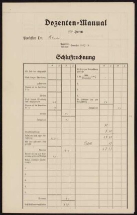 Dozenten-Manual für Herrn Professor Dr. Klein. Winter-Semester 1917.8. Schlußrechnung