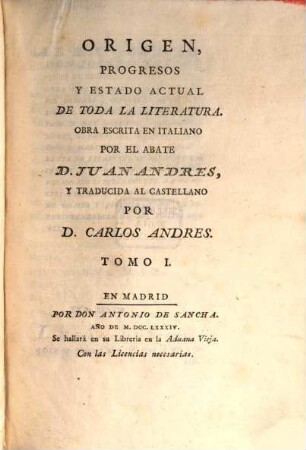 Origen, Progresos Y Estado Actual De Toda La Literatura, 1