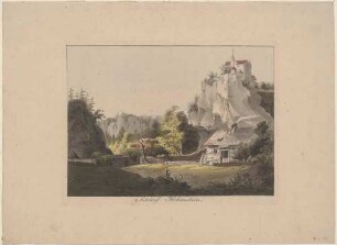 Die Burg Hohnstein in der Sächsischen Schweiz von Osten, im Vordergrund eine Mühle beim Schindergraben