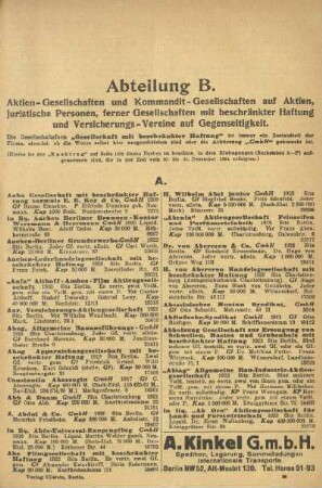 Abteilung B. Aktien-Gesellschaften und Kommandit-Gesellschaften auf Aktien, juristische Personen, ferner Gesellschaften mit beschränkter Haftung und Versicherungs-Vereine und Gegenseitigkeit