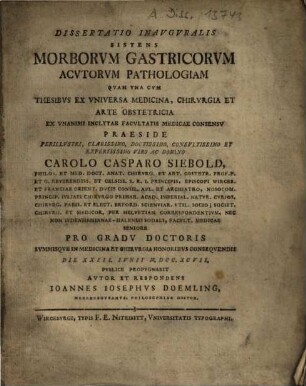 Dissertatio Inauguralis Sistens Morborum Gastricorum Acutorum Pathologiam