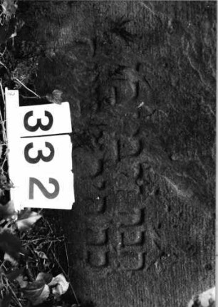 Grabstein 332 (Index: 99803516) Material: Sandstein Zustand: nur einzelne Buchstaben lesbar Maße HxBxT: 53x60x7 cm Beschreibung: Stele mit Karniesbogen, profilierter Rand, Giebelfeld: Grabstein 332 (Detailaufnahme)